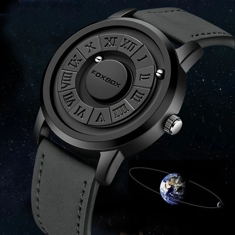 Magnetic Roman Dial Men's Watch – Waterproof, Faux Leather Strap