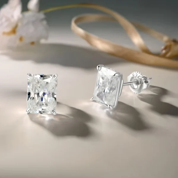 4ct Radiant Cut Moissanite Earrings – S925 Silver, Screw-Back Pair - Image 3