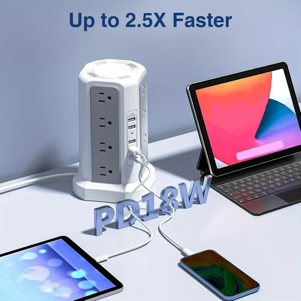 16-Outlet Power Strip Tower with USB-C | Surge Protector Charging Station