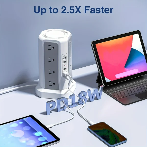 16-Outlet Power Strip Tower with USB-C | Surge Protector Charging Station