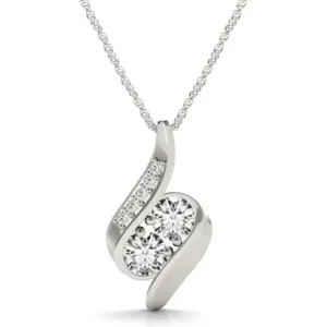 Two-Stone Curved Pendant Necklace – 14K White Gold-Tone Elegance