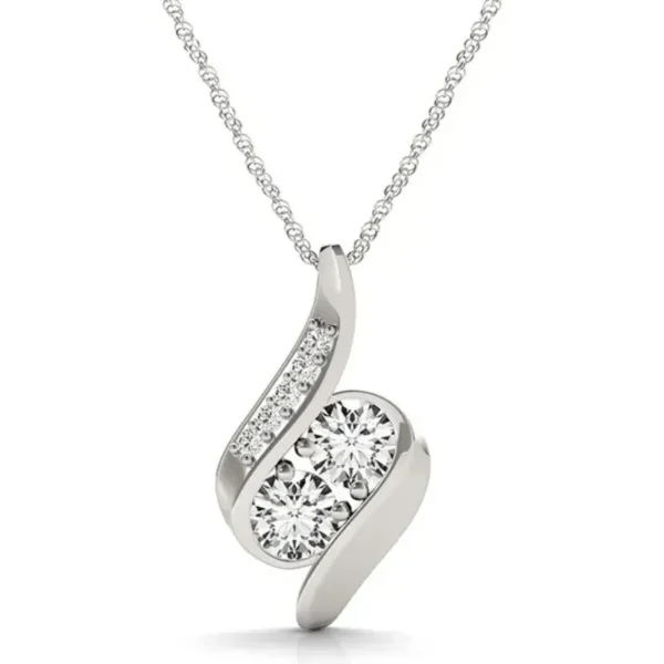 Two-Stone Curved Pendant Necklace – 14K White Gold-Tone Elegance