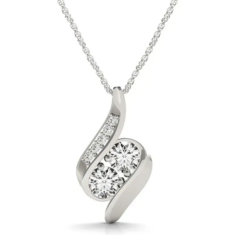 Two-Stone Curved Pendant Necklace – 14K White Gold-Tone Elegance