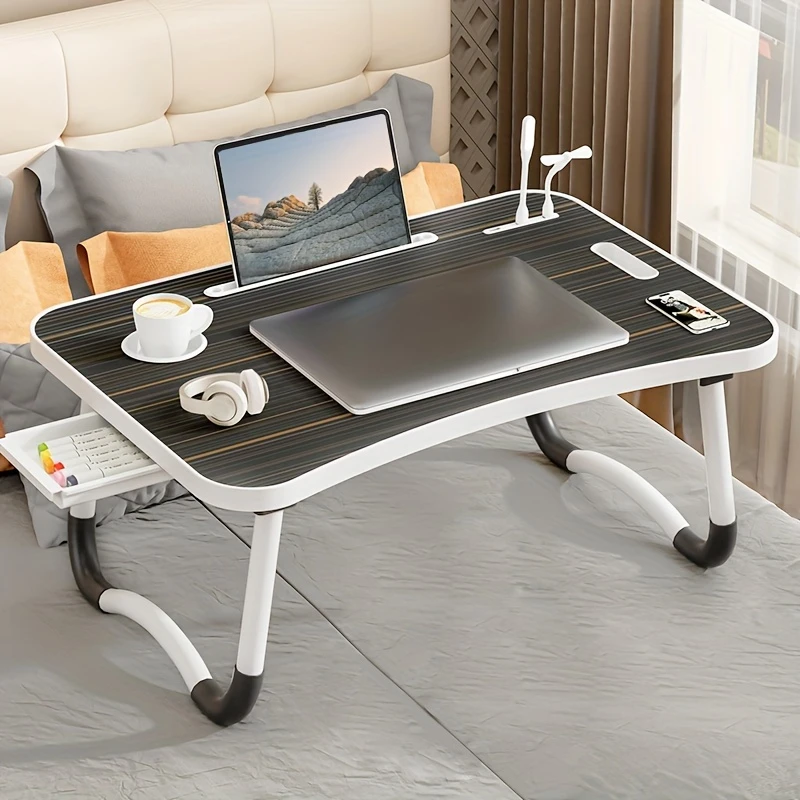 Foldable Laptop Bed Table with Cup Holder & USB Light | Multi-Use Tray Desk