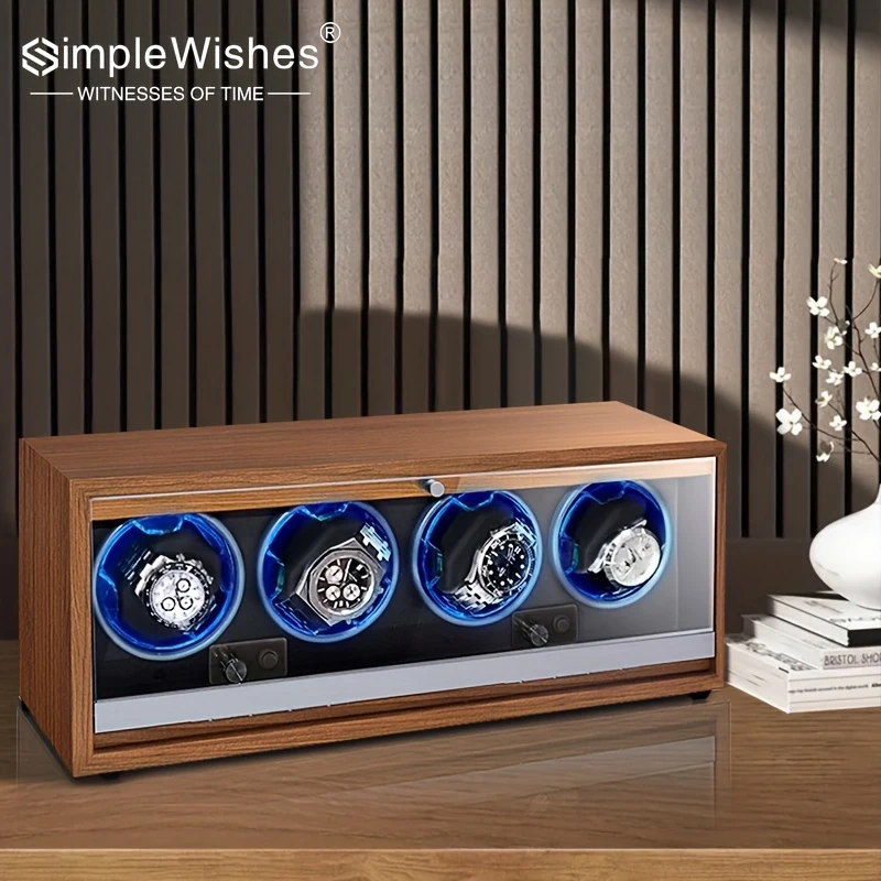 SimpleWishes 4-Slot Wooden Watch Winder with LED & Quiet Motor