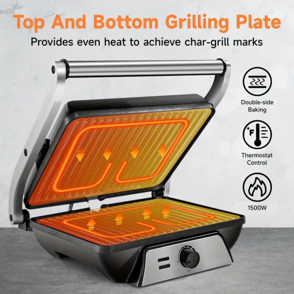 3-in-1 Electric Grill & Panini Press | 1400W Non-Stick Indoor Cooker with Timer - Image 3