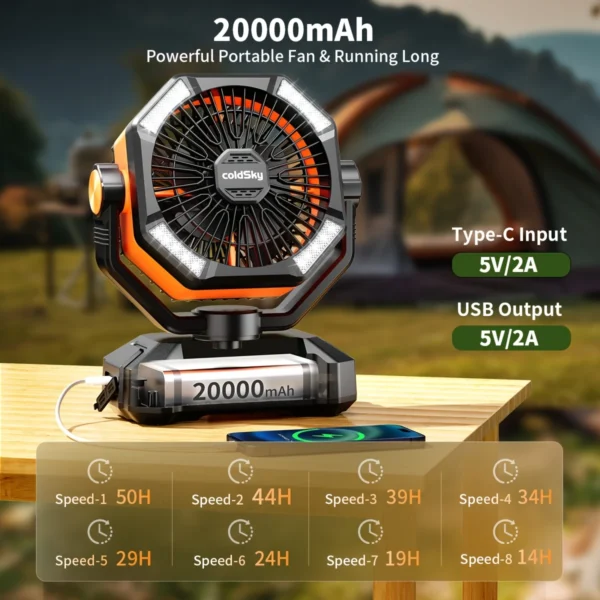 Portable Camping Fan with LED Lights & Remote | 20000mAh Battery - Image 2