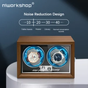 Niworkshop Dual Watch Winder – Wooden Case, Quiet Motor, LED Light, 4 Modes