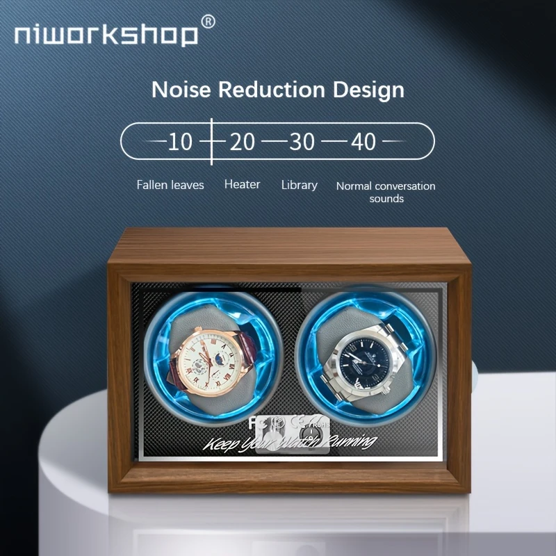 Niworkshop Dual Watch Winder – Wooden Case, Quiet Motor, LED Light, 4 Modes