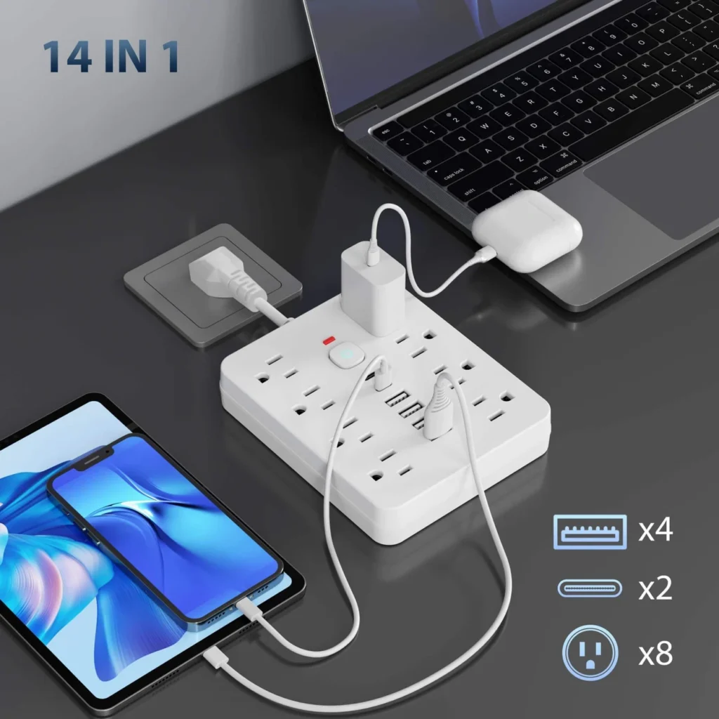 14-in-1 Surge Protector with USB & Type-C | Flat Plug Power Hub