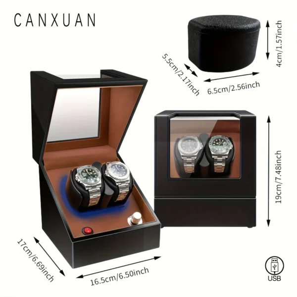 Canxuan Dual Automatic Watch Winder – Quiet Motor, LED Light, USB/Battery, Open-Lid Stop - Image 3