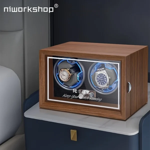 Niworkshop Dual Watch Winder – Wooden Case, Quiet Motor, LED Light, 4 Modes - Image 3