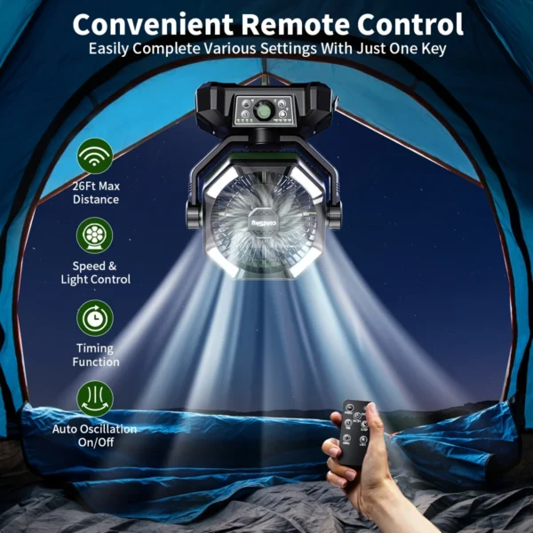 Portable Camping Fan with LED Lights & Remote | 20000mAh Battery - Image 3