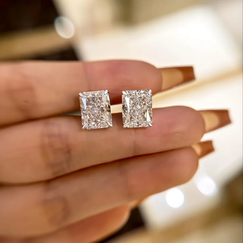 4ct Radiant Cut Moissanite Earrings – S925 Silver, Screw-Back Pair