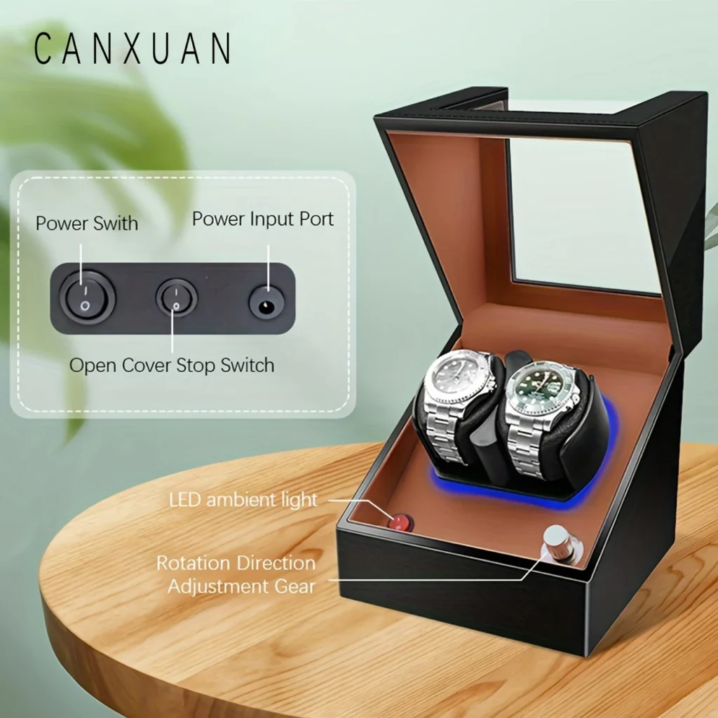 Canxuan Dual Automatic Watch Winder – Quiet Motor, LED Light, USB/Battery, Open-Lid Stop