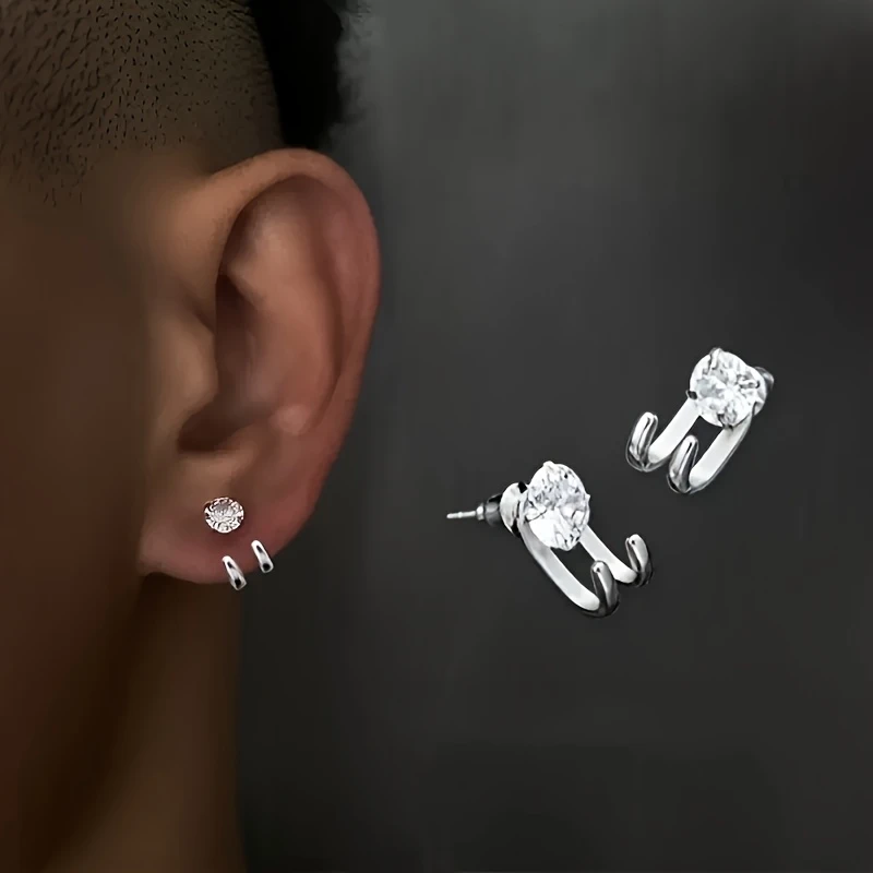 Titanium Steel CZ Stud Earrings for Men – 2pcs U-Shape Hip-Hop Style