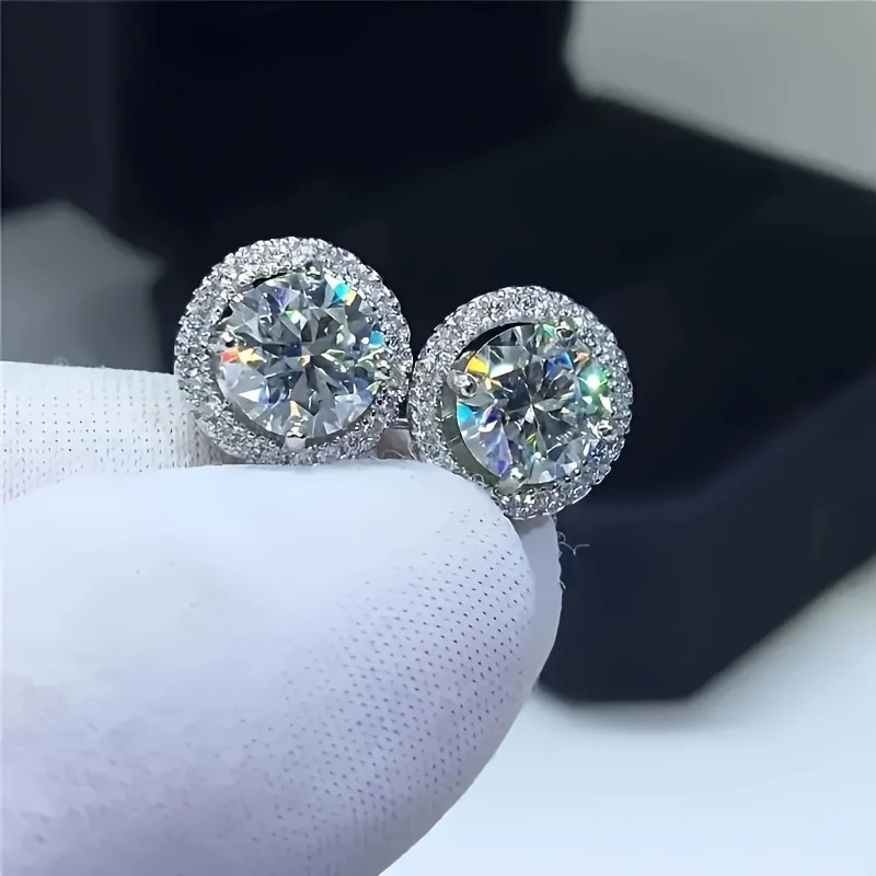 4ct Moissanite Halo Stud Earrings – S925 Sterling Silver Screw-Back