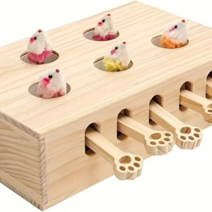 MEWOOFun Interactive Wooden Cat Toy – Whack-a-Mole Style with 4 Mice