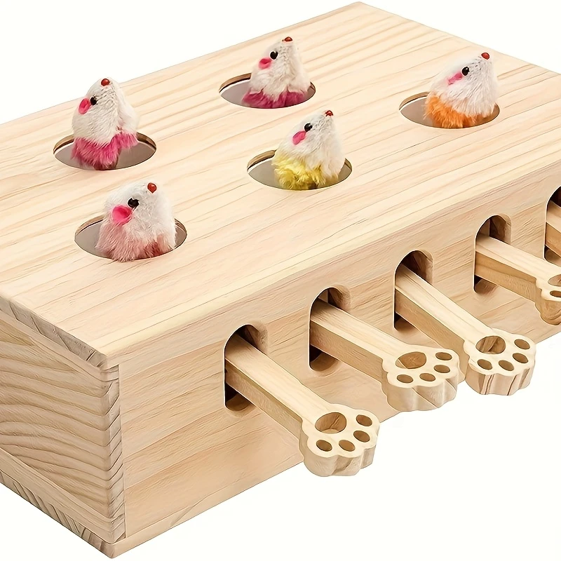 MEWOOFun Interactive Wooden Cat Toy – Whack-a-Mole Style with 4 Mice